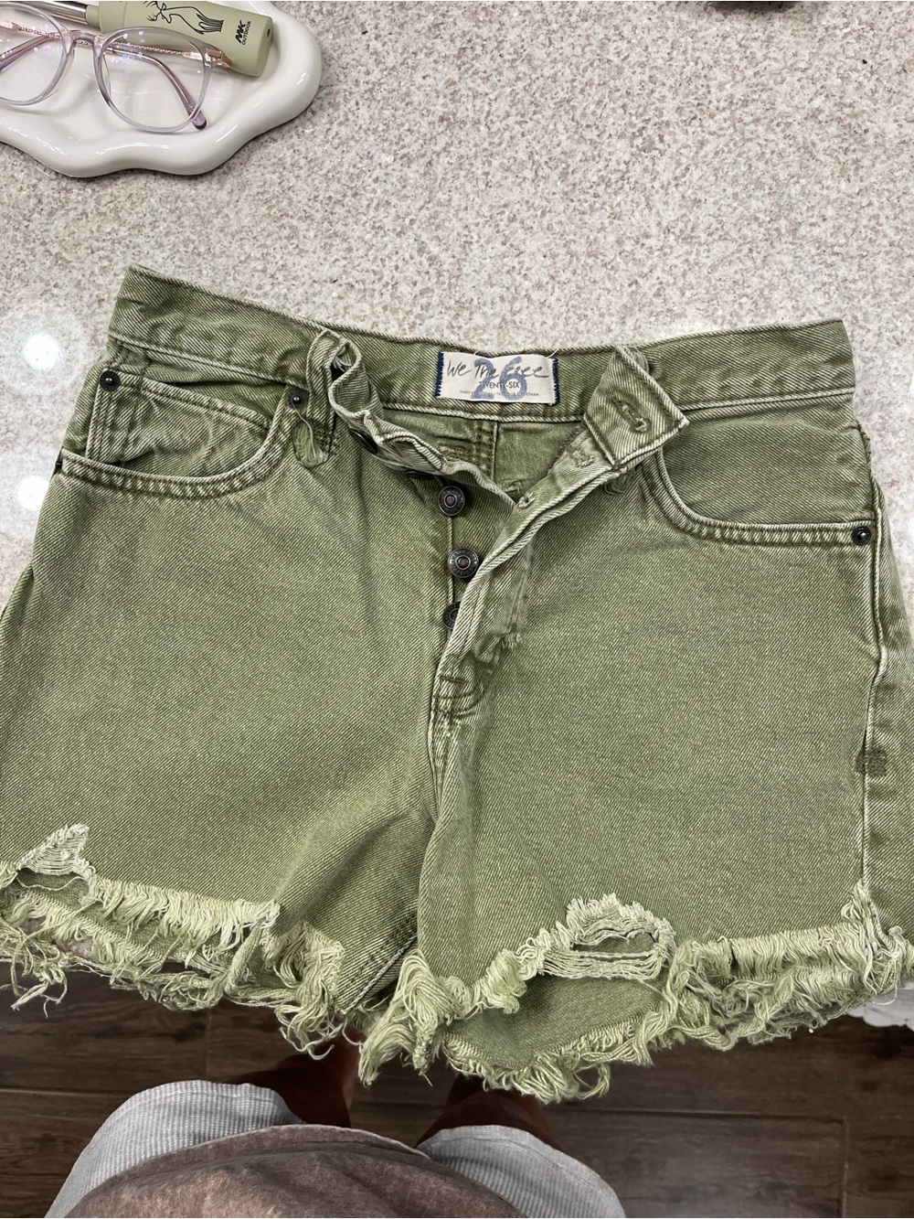 We The Free Olive Green Distressed Button-Fly Jean Shorts